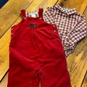 Plaid poplin onesie and button overall set boy